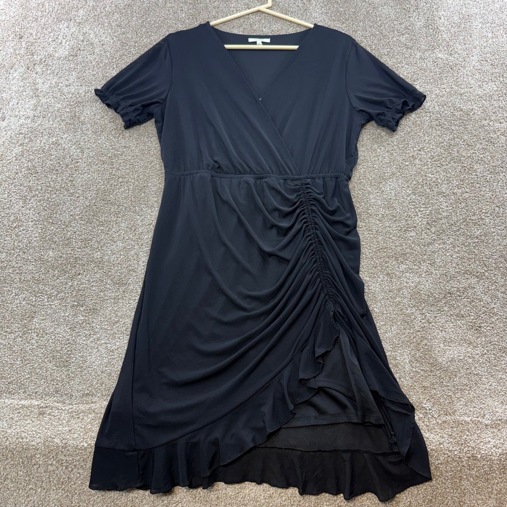 Maurices Womens M Black Faux Wrap Dress Ruched Ruffle Hem Short Sleeve Witchy